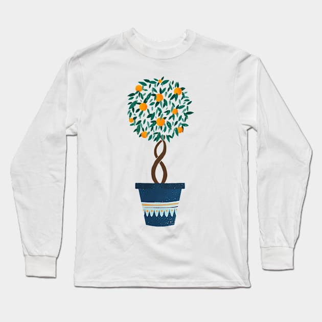 Orange tree in a blue pot Long Sleeve T-Shirt by Home Cyn Home 